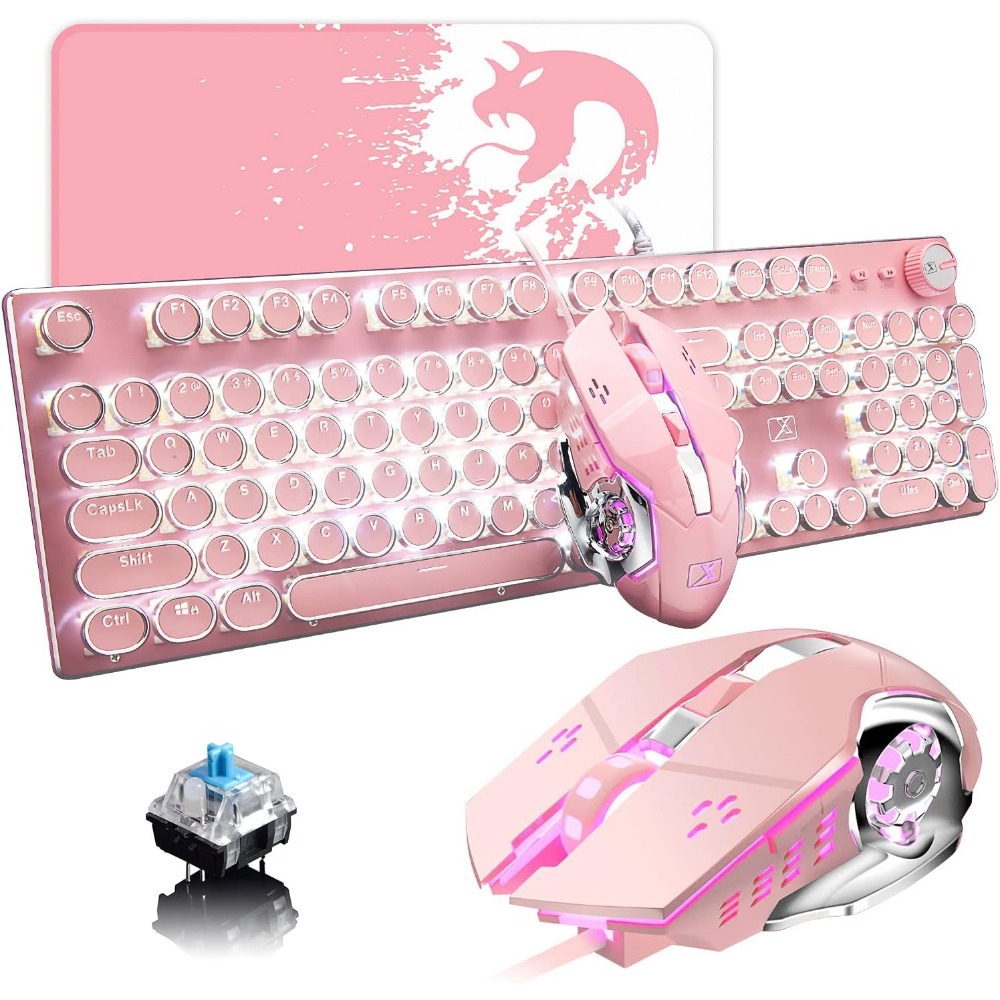 Retro Gaming Uk - คีย์บอร์ดเกมมิ่งแบบกลไกสไตล์เรโทร วินเทจ พร้อมไฟแบ็คไลท์ LED สีขาว และปุ่มกดทรงกลม