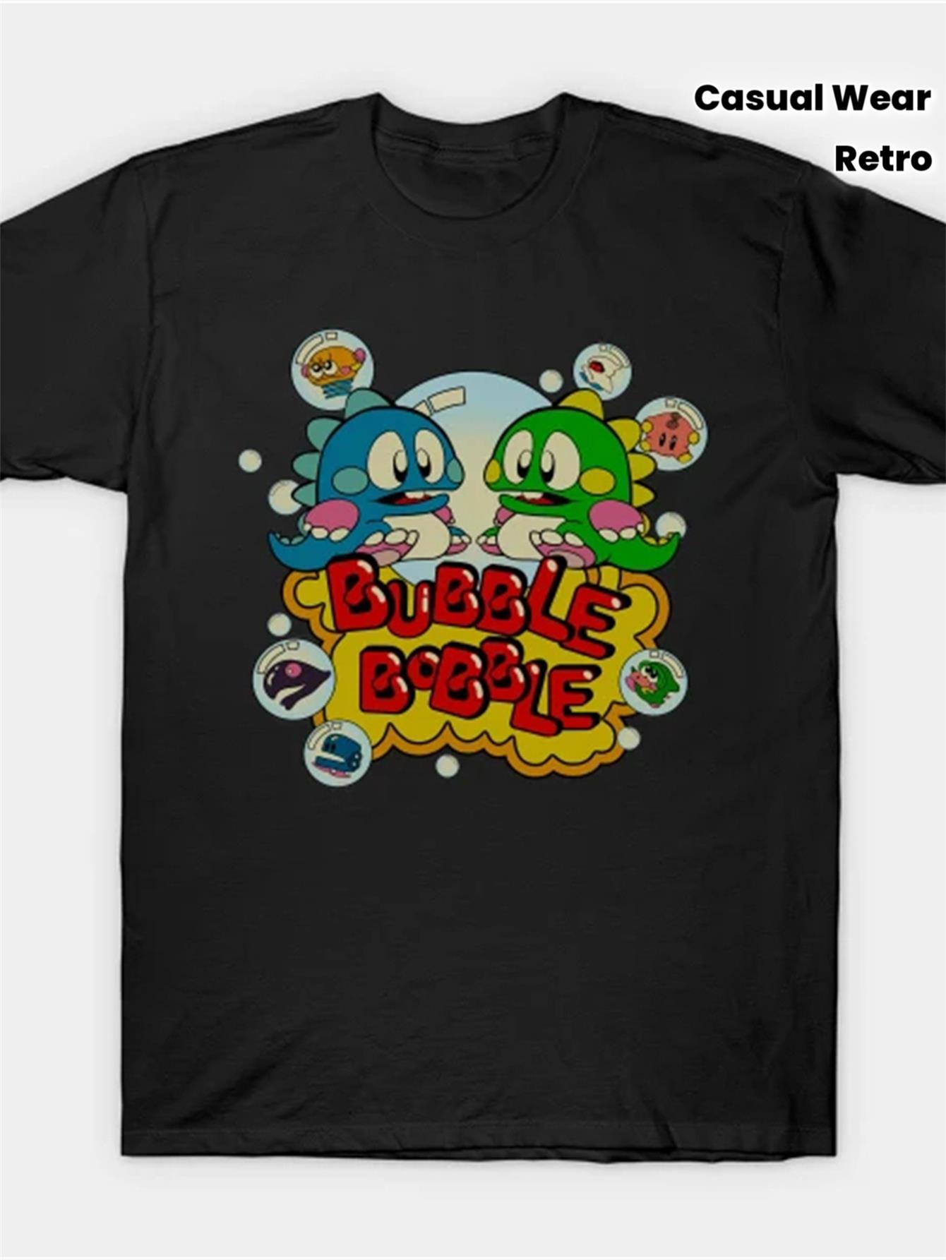 Retro Gaming Aesthetic - เสื้อยืดเกมเรโทร บับเบิ้ล บ็อบเบิ้ล 1986 สำหรับผู้ชาย พิมพ์ลายตัวอักษรสีดำ