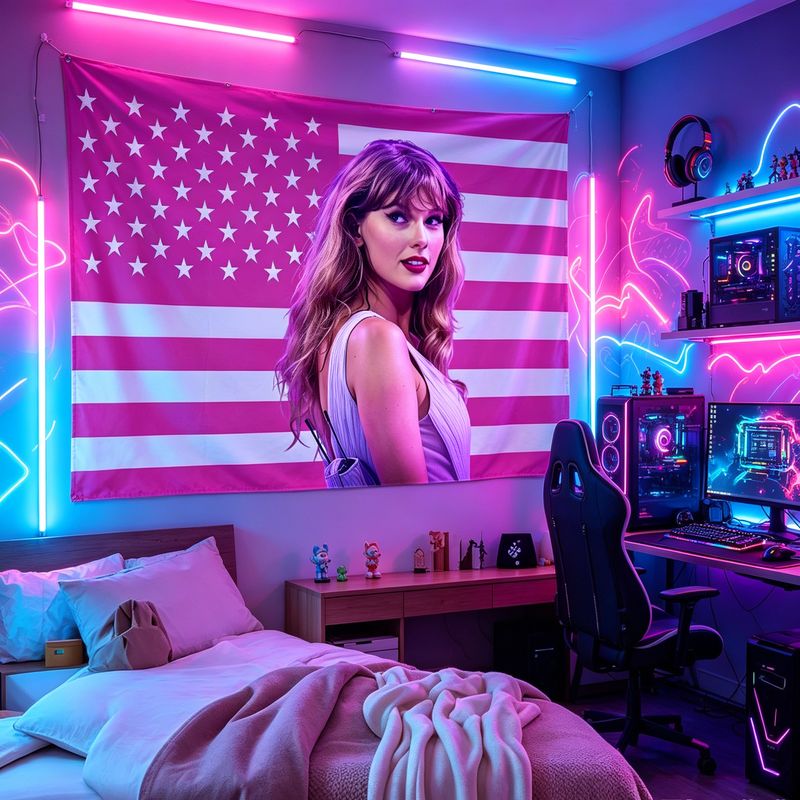 Retro Gaming Art - VIKAMA ผ้าแขวนผนังลายธงชาติอเมริกัน นักร้องหญิง ภาพพิมพ์สไตล์เรโทร นีออน สำหรับตกแต่งห้องเล่นเกม