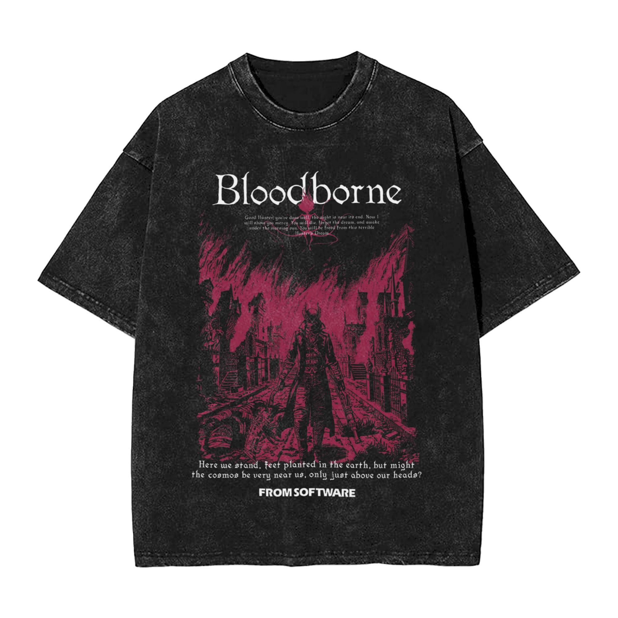 Retro Gaming Aesthetic - เสื้อยืดลายกราฟิกธีมเกม Bloodborne ตำนานคธูลู สไตล์เรโทร ผ้าคอตตอนฟอกสี สำหรับผู้ชายและผู้หญิง